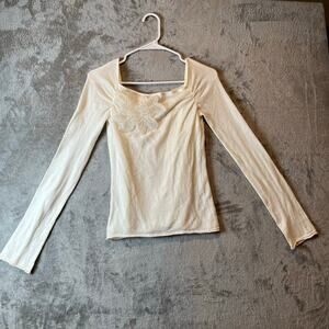 Y2K Cream Floral Applique Top Long Sleeve Fairy Whimsical 90s Coquette Soft Girl